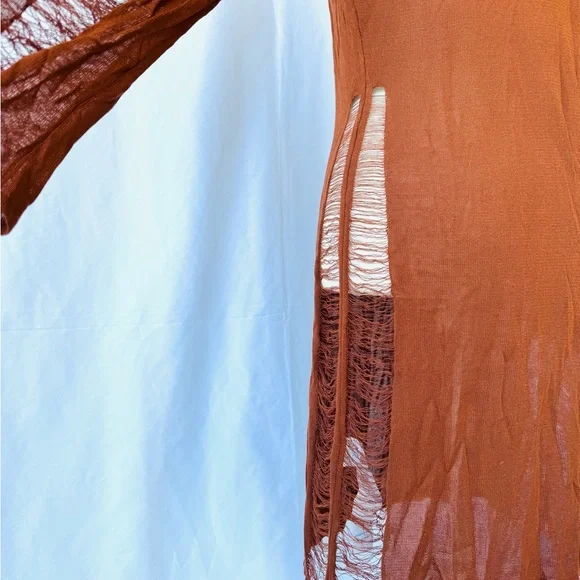 Missguided Rust-Brown Mini Dress with Ripped Texture Cuts. - Picture 6 of 7